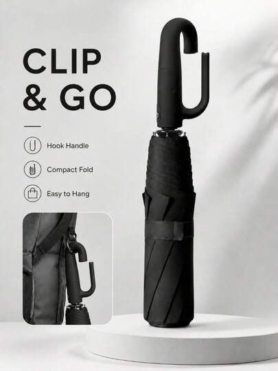 1pc Snap-Lock Handle Umbrella,Hook Handle Umbrella Clip-On Travel Umbrella Convenient Hook Design, Large Size, Windproof, Reinforced, Dual Use (As Both A Rain Umbrella And A Sunshade), Portable, Mother's Day Gift, Summer, Beach, Travel Essential, Graduation Essential