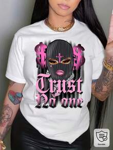 Camiseta Gráfica No Trust para Mujer| Estilo urbano de moda, estampado de billetes rosados, cuello redondo, manga corta, tela opaca, estampado llamativo, material duradero, estilo casual, corte regular, adecuado para todas las estaciones, estampado geométrico. - Blanco - Ver 8