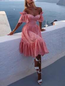 Vestido largo hombros al descubierto con estampado de lunares estilo sensual otoño - Rosa - Ver 2