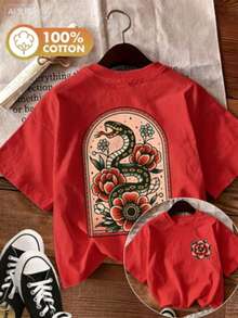 [Double-Sided Print]Summer Casual Women's Top, Vintage Style, Snake And Floral Print, Round Neck, Pure Cotton Short-Sleeve Cotton Womens Vintage Snake - 紅色 - 查看 10