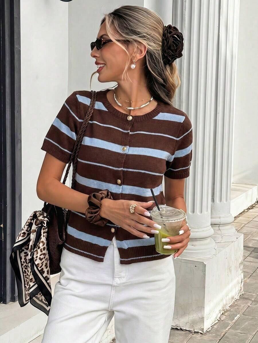 Blusa de punto holgada de manga corta con cuello redondo de estilo casual para mujer, estilo universitario con rayas marrones y azules, blusa de verano, blusa de estilo universitario estadounidense, adecuada para uso diario, blusa de verano, blusa - Multicolor 3 - Ver 1