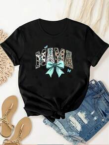 Camiseta Casual de Talla Grande para Mujer, Edición Especial Día de la Madre, Estampado de Lazo "Mamá", Manga Corta, Cuello Redondo, Ligero Elástico - Negro - Ver 3
