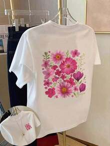 Camiseta de manga corta y cuello redondo para mujer, con estampado gráfico de flores naturales en racimos, para uso diario informal, primavera/otoño/verano, para el Día de San Valentín/regreso a clases, color blanco. - Blanco - Ver 7