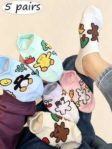 5 đôi tất nữ kiểu dáng casual hoạt hình, không lộ cổ tất, thích hợp cho mùa xuân và hè, thiết kế bo gân ở cổ tất tạo cảm giác thoải mái, họa tiết hoạt hình sống động, chất liệu mềm mại và thoáng khí, phù hợp để mang trong thời tiết ấm áp. - Nhiều màu - Xem 9