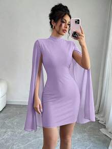 Vestido de capa ajustada con cuello mao de unicolor - Morado - Ver 3