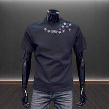 Camiseta retro de moda para hombre, de cuello redondo y versátil, estilo casual de verano, corte holgado, moderna y de algodón puro de manga corta. 439E - 200 g de algodón puro - negro - Ver 1