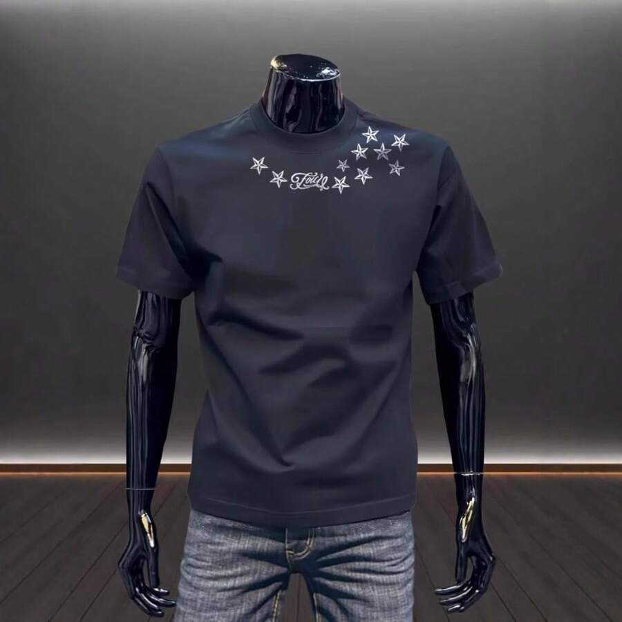 Camiseta retro de moda para hombre, de cuello redondo y versátil, estilo casual de verano, corte holgado, moderna y de algodón puro de manga corta. 439E - 200 g de algodón puro - negro - Ver 1