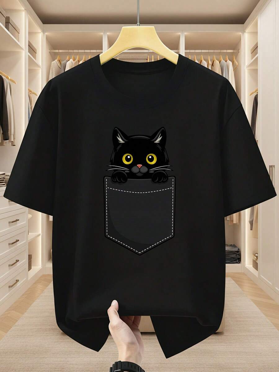 Camiseta de manga corta para hombre de talla grande 100 % algodón con diseño de gato de dibujos animados asomándose, cuello redondo, camiseta cómoda y casual de manga corta para verano, TALLA GRANDE