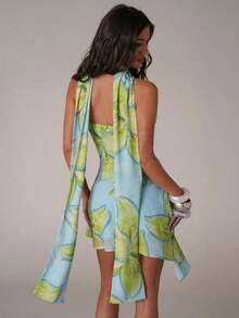 Vestido mini floral de verano para mujer, con cuello en V, decoración de lazo, bajo asimétrico y corte evasé, ideal para vacaciones, fiestas en la playa, salir con amigos, escapadas de fin de semana, vestido de playa, vestido floral, vestido de vacaciones, vestido mini de vacaciones, vestido amarillo - Verde 2 - Ver 2