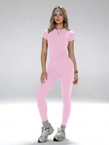 Conjunto de yoga para mujer, pantalones deportivos de cintura alta, conjunto deportivo moldeador de 2 piezas, conjunto de yoga con control de abdomen, camiseta de cuello redondo ajustada emparejada con pantalones de yoga de cintura alta, conjunto esen - Rosa - Ver 6