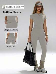 Conjunto de yoga para mujer, pantalones deportivos de cintura alta, conjunto deportivo moldeador de 2 piezas, conjunto de yoga con control de abdomen, camiseta de cuello redondo ajustada emparejada con pantalones de yoga de cintura alta, conjunto esen - Gris - Ver 1