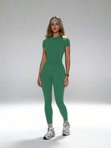 Conjunto de yoga para mujer, pantalones deportivos de cintura alta, conjunto deportivo moldeador de 2 piezas, conjunto de yoga con control de abdomen, camiseta de cuello redondo ajustada emparejada con pantalones de yoga de cintura alta, conjunto esen - Verde - Ver 5