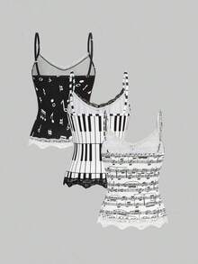 ROMWE Conjunto de 3 piezas con camiseta de tirantes con encaje y estampado de notas musicales y teclado de piano, estilo retro Y2K - Blanco y Negro - Ver 2