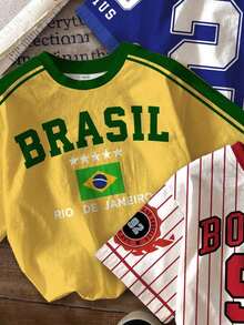Set de 3 camisetas holgadas de manga corta con cuello redondo, estampado de letras y números, de estilo minimalista y casual, adecuadas para verano, Mundial, exterior, estilo callejero, chic, Y2K, vacaciones en la playa - Multicolor - Ver 5