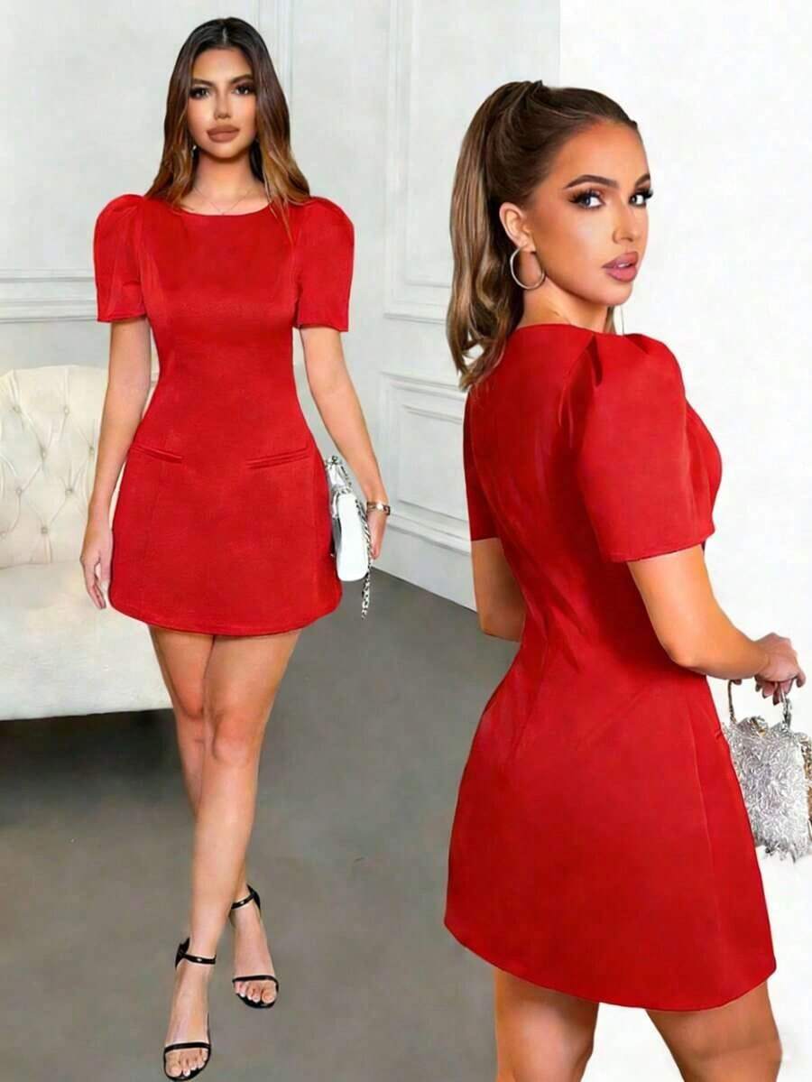 Vestido mini negro de línea A elegante para mujer, con escote barco y mangas cortas abullonadas para el verano - Rojo - Ver 1