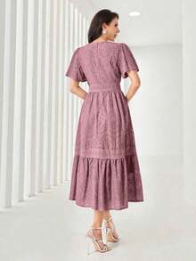 Vestido midi de mujer con cuello redondo, mangas con volantes, bordado y dobladillo con volantes - Rosa vieja - Ver 2