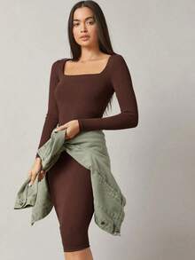 BASICS Vestido ajustado de cuello cuadrado unicolor - Café integral - Ver 5