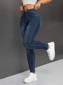 PETITE Jeans De Cintura Alta Para Mujer Ajustados - Azul lavado oscuro - Ver 1