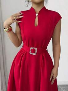 Vestido midi elegante y casual para mujer con diseño inspirado en la Sicilia francesa romántica, adecuado para ir al trabajo, vacaciones, té de la tarde, fiesta de San Valentín, con escote de corazón, cinturón de lazo en la cintura, bajo acampanado y bolsillos, primavera/verano - Azul marino - Ver 11