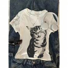 Camiseta de Mujer Estilo Y2K con Estampado de Gato - Cuello Redondo y Manga Corta, Ajuste Regular, Diseño Monocromo Felino, Tejido Elástico Medio Lavable a Máquina para Todas las Estaciones, Moda Casual, Material No Transparente - Blanco - Ver 10