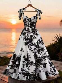 Vestido elegante con estampado floral y hombros con lazo para vacaciones - Blanco y Negro - Ver 1