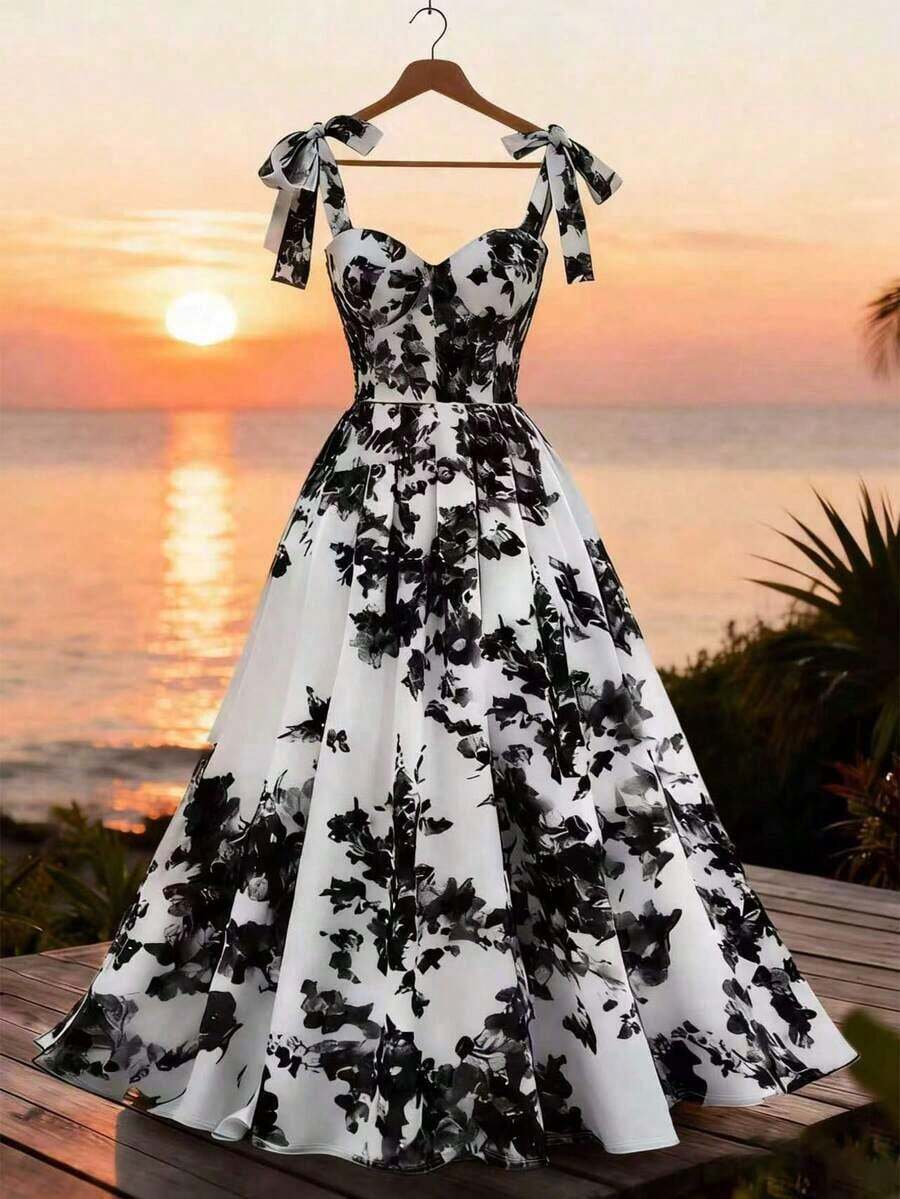 Vestido elegante con estampado floral y hombros con lazo para vacaciones - Blanco y Negro - Ver 1