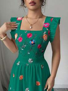 Vestido informal largo con diseño de cuello cuadrado, mangas de campana y cintura ceñida con estampado multicolor, ideal para vacaciones - Verde - Ver 3