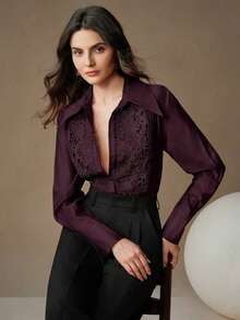 Blusa holgada con apliques de encaje en el cuello, ideal para ir de fiesta o salir - Burdeos - Ver 3