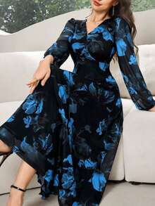Vestido elegante de manga larga con cuello en V y estampado de bloques de color para mujer - Azul - Ver 6