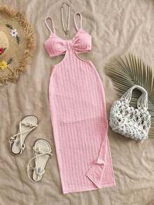 Camiseta de tirantes casual y sexy con recortes en la cintura, de tela con textura para vacaciones - Rosa - Ver 7