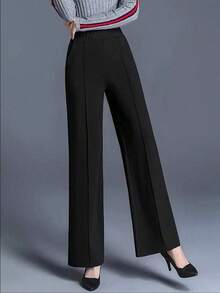 2025 Pantalones rectos de cintura alta relajados de estilo minimalista versátil, adecuados para el trabajo y el uso diario, color negro - Negro - Ver 3