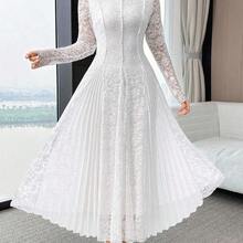 Women's Elegant Contrast Lace Pleated Waist Long Sleeve Dress - Azul - Ver 7