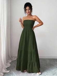 Vestido de verano casual sin tirantes para mujer - Caqui - Ver 9
