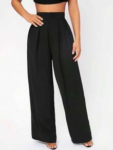 PETITE Pantalones De Vestir De Pierna Ancha Con Pliegues En La Cintura Alta - Negro - Ver 5