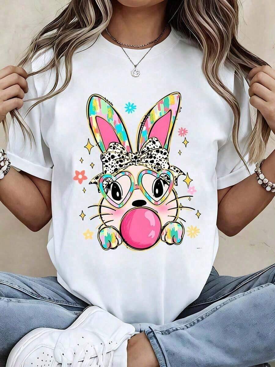 Women's T-Shirt With Bunny Print, Heart Glasses And Bow, Casual Summer Top, Fashion Graphic Tee For Girls - 白色的 - 查看 1