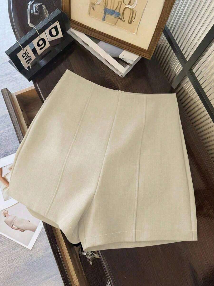 Shorts de mujer de cintura alta de color gris oscuro minimalista y de moda, con cierre de cremallera en la espalda, adecuados para el uso diario, citas y ocasiones románticas - Beis - Ver 1