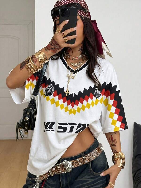 Color Block V-Neck T-Shirt For Women Sport, Red Black Yellow White Checkerboard Print Top With STAY Lettering 2026 World Cup