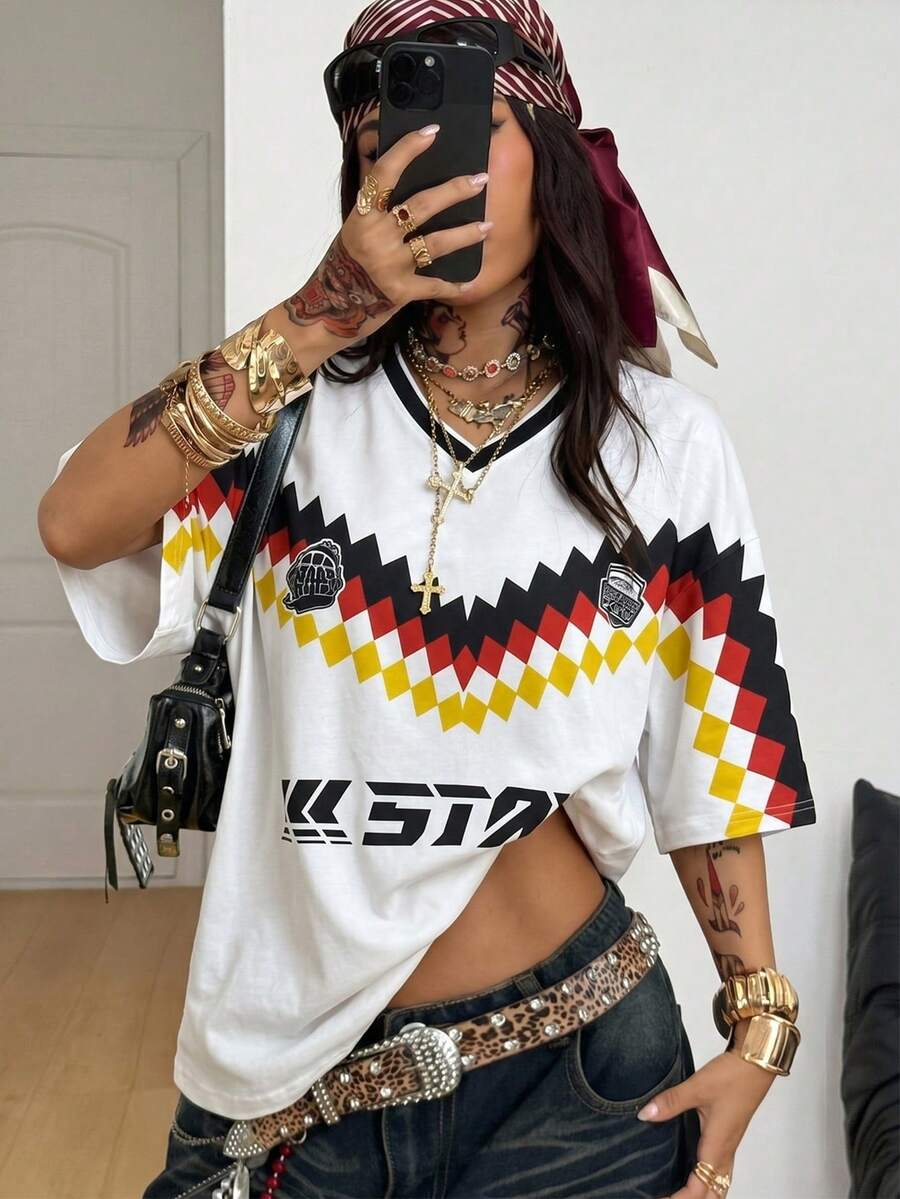 Color Block V-Neck T-Shirt For Women Sport, Red Black Yellow White Checkerboard Print Top With STAY Lettering 2026 World Cup Casual Summer - Multicolor - View 1