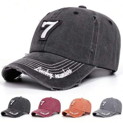 1pc Hat Lucky Number 7 Embroidered Baseball Cap, Vintage Washed Distressed Curved Brim Adjustable Hat