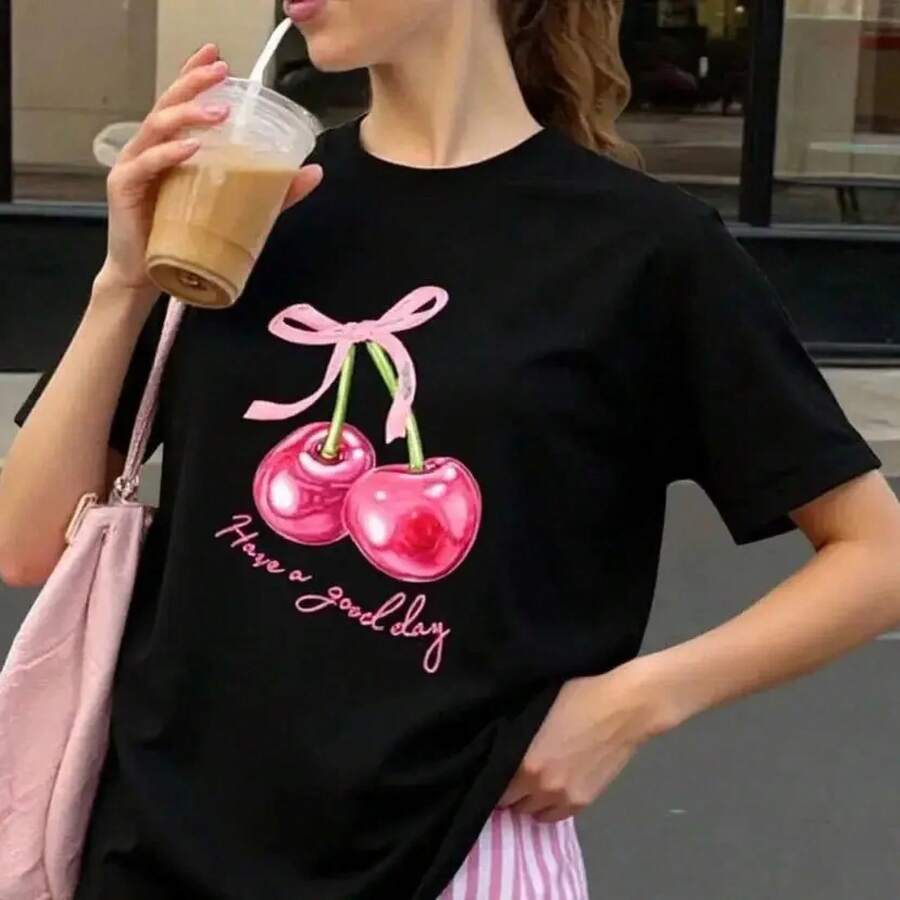 Blusa oversize mujer estampado cerezas rosadas - manga corta verano - algodón ligero cómoda outfits casual vacaciones - Negro - Ver 1