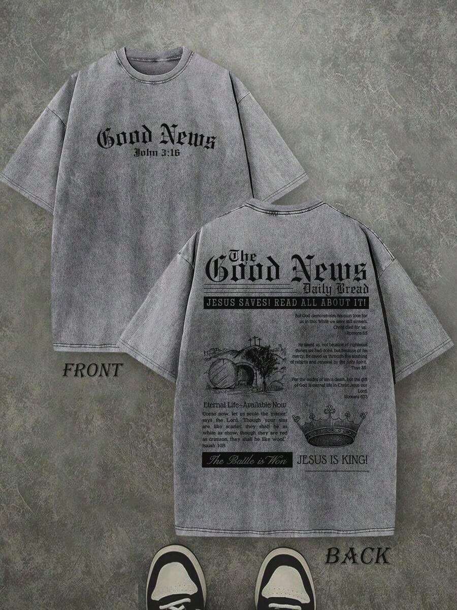 Camiseta Retro Lavada con Estampado de Doble Cara (Camiseta de 230 g de Algodón Puro) 'La Buena Noticia, ¡JESÚS ES REY!'Camiseta de Hombre con Estampado de Letras y Coronas, Casual, Cómoda, a la Moda, Estilo Urbano, de Algodón - Gris - Ver 1