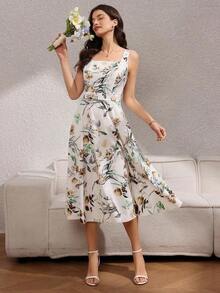 1 pieza Vestido Elegante Estampado con Cintura Ajustada para Mujer - Amarillo - Ver 3