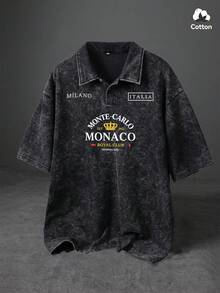Men's Summer Street Style Graphic Polo Shirt, Slightly Stretchy Washed Vintage Look Polo Collar Button Closure Black Top, Casual Everyday Wear - Black - View 1