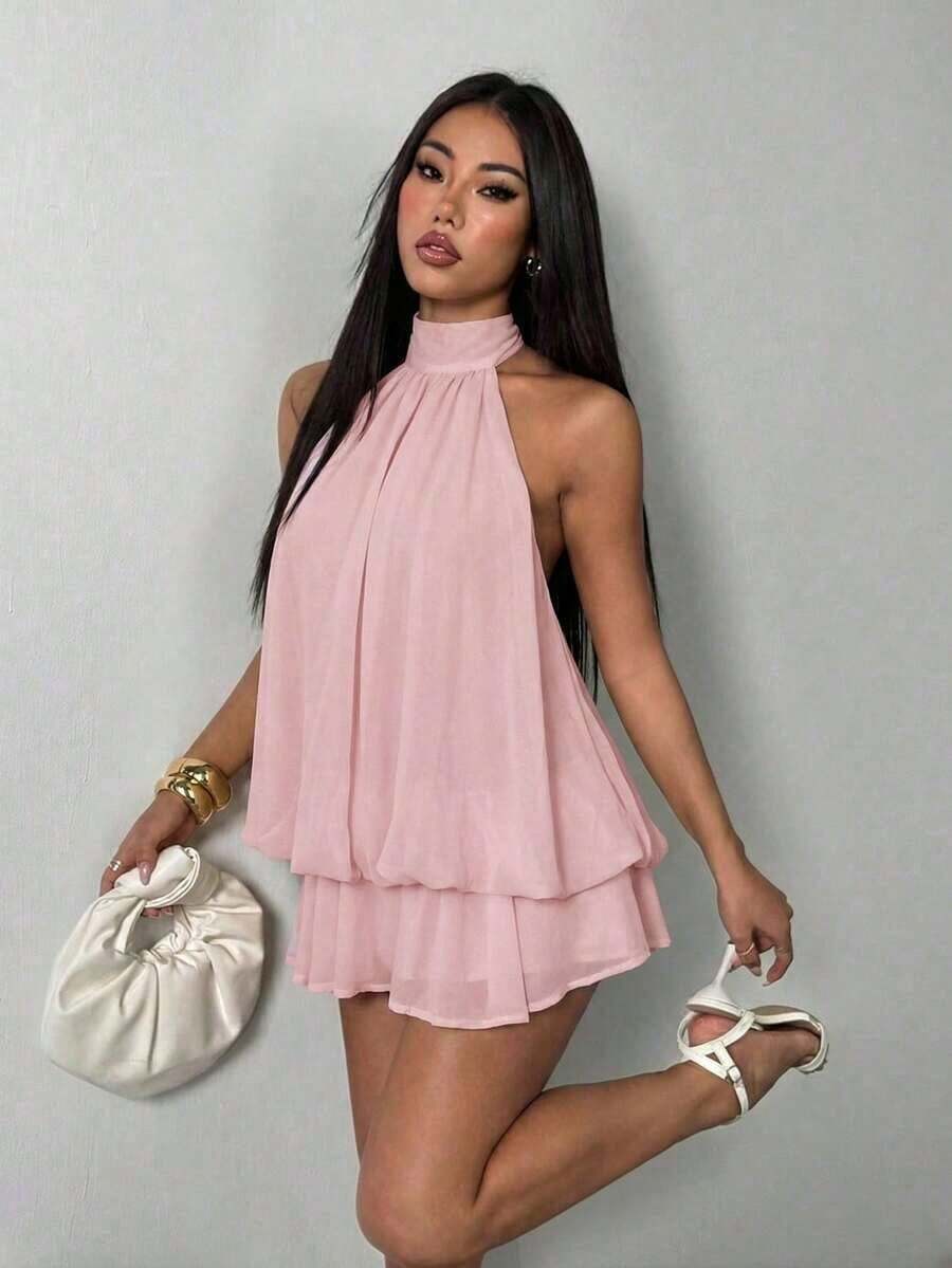 Vestido mini elegante de mujer con escote halter y lazo en color beige - Rosa - Ver 1