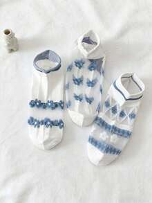 1/5 Pairs Random Blue & White Floral Lace Hollow Short Socks For Women, Soft & Breathable Mesh Stockings For Spring/Summer, Versatile Daily Wear, Gift - Blue and White - View 3