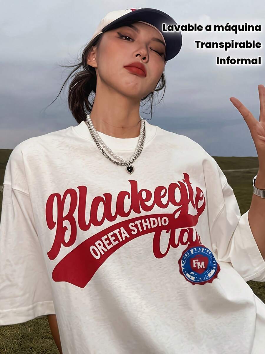 1pz Camiseta Oversized Vintage para Mujer - Estampado Retro de Letras, Manga Corta Casual, Cuello Redondo Transpirable para Primavera/Verano, Lavable a Máquina, Ropa Relajada, Tejido No Transparente - Blanco - Ver 1