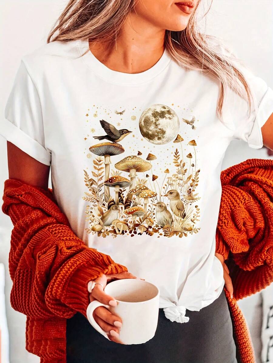Camiseta de cuello redondo con estampado de hongos, camiseta casual de manga corta para primavera y verano, ropa de mujer - Blanco - Ver 1