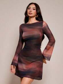 Vestido mini con mangas acampanadas y malla con estampado de leopardo para mujer - Multicolor 3 - Ver 4
