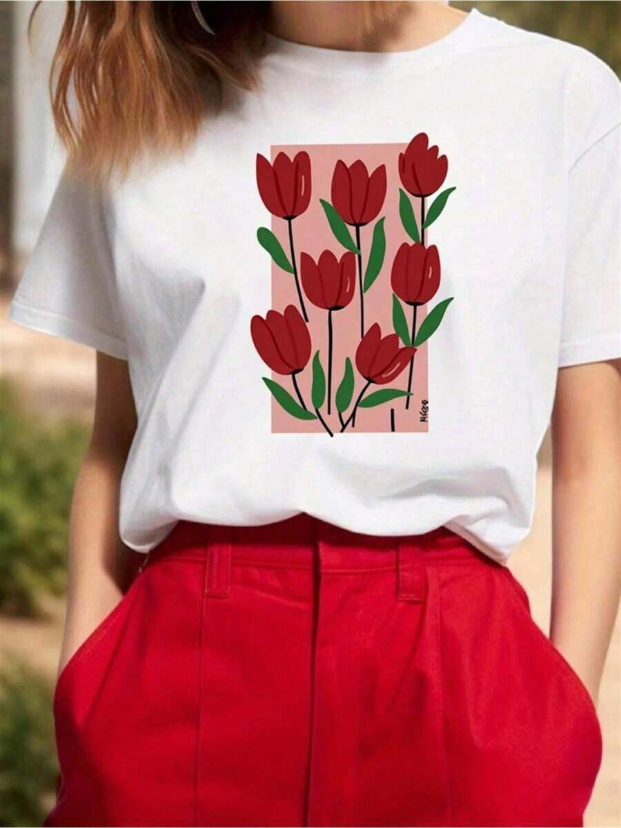 100% cotton Camiseta Blanca de Manga Corta Wo con Estampado de Tulipanes Rojos| Blusa de Verano de Corte Holgado, Color Beige Claro - Blusa Casual Ideal para Uso Diario, Vacaciones y Descanso - Camisa Cómoda de Corte en H, Fácil Cuidado (Lavar a Mano/Lavar en Seco) - Prenda para Todas las Temporadas - Blanco - Ver 1