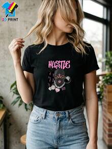 Camiseta manga corta cuello redondo 100% algodón, estampado trendy, tejido ligero y ventilado, estilo moda casual, apta para vida diaria, salidas informales y citas en primavera, verano y otoño - Negro - Ver 9